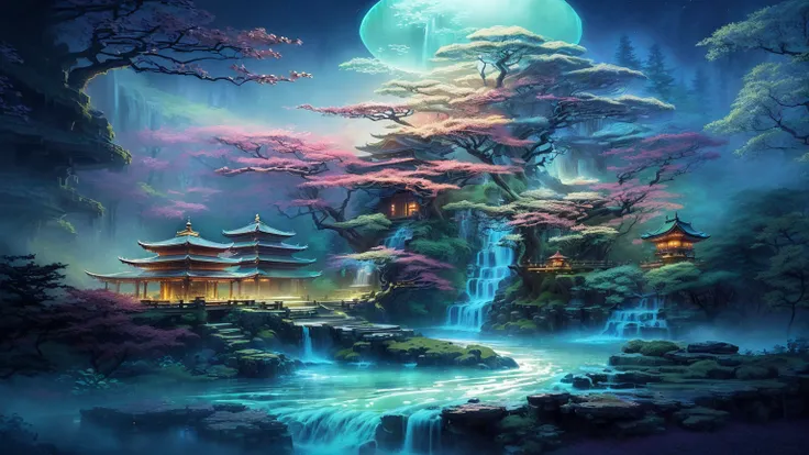 Waterfall and pagoda in the forest at night, Beautiful and detailed fantasy, Beautiful art UHD 4K, magic Fantasy Very Detailed, Chinese Fantasy, Beautiful fantasy painting, Detailed fantasy digital art, Magical scenery, Fantasy Very Detailed, Mysterious fa...