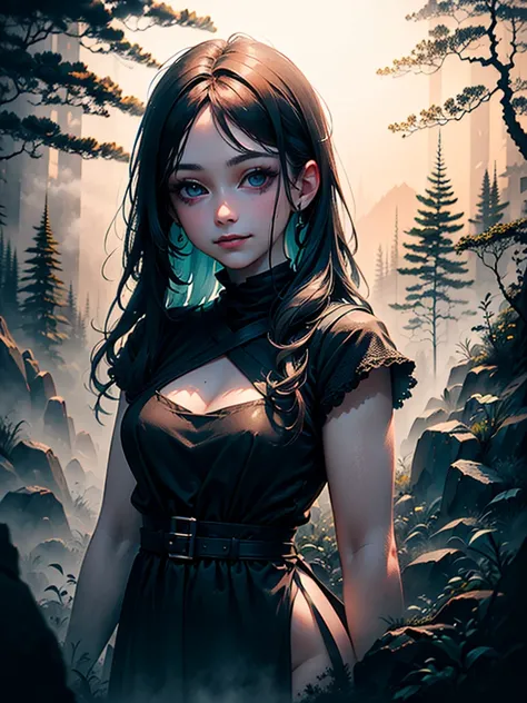 work of art, ultra realistic, 8k, perfect, a beautiful young woman, perfect face, bright eyes, black eyes, discreet smile, dark makeup, black hair, dressed as a witch, dense and dark forest in the background, soft fog, low light, dark weather