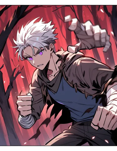 Greek boy with white hair, violet eyes, with bandaged fists, breaking a skeleton with a strong punch in a red forest with dead trees