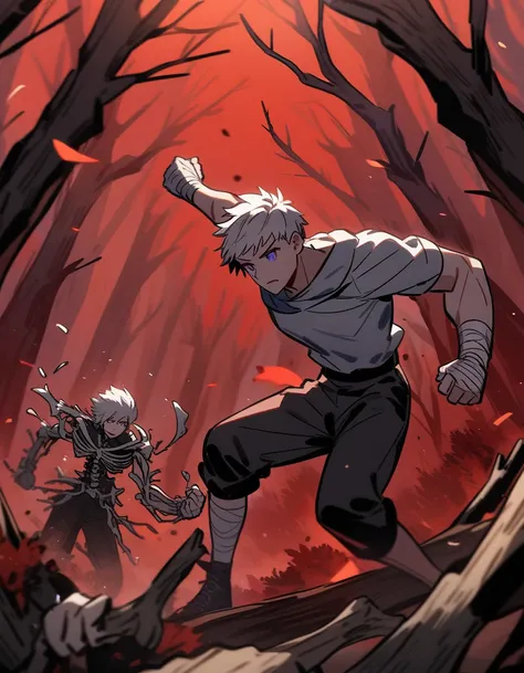 Greek boy with white hair, violet eyes, with bandaged fists, breaking a skeleton with a strong punch in a red forest with dead trees