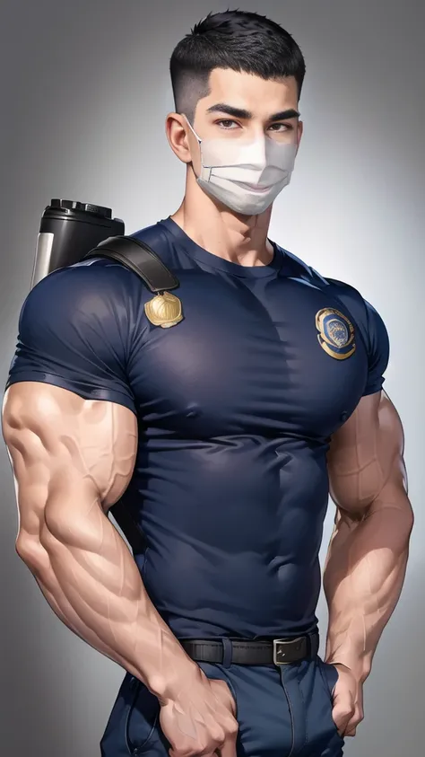 (handsome Man),(crew cut short hair:1.8),black eye,(Wear a fitted round neck t-shirt in navy with a police badge.:1.5),(fit neck),Navy blue jeans,(black_gloves:1.2), Korean guy,chest muscles,large arm muscles,blood vessel,Big muscles,Broad shoulders, (open...