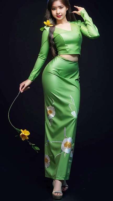 Burmese girl with attractive curvy full body.  Friends full-length bikini, (green dress) reflective long dress painted with flower patterns, only dress.  hi gh hips  High resolution  High resolution  natural background  High resolution  HD  3D,  8K cartoon...