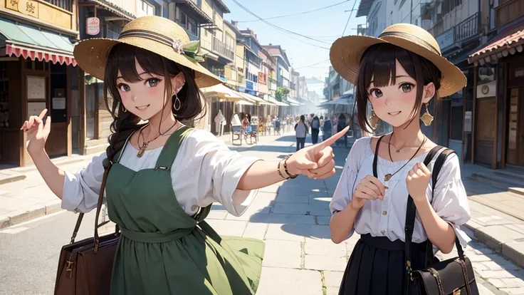 4k art、Nara Street、Ancient city、Women in their teens to 40s、(stylish, Dress relaxed、Boater hat、Small shoulder bag)Spring-like adult woman、/(Light brown hair)bangs、cheek(Dark Eyeasterpiece 1.2)Delicate illustrations with attention to detail、 (Ancient capita...