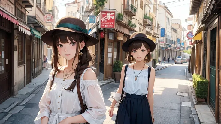 4k art、Nara Street、Ancient city、Women in their teens to 40s、(stylish, Dress relaxed、Boater hat、Small shoulder bag)Spring-like adult woman、/(Light brown hair)bangs、cheek(Dark Eyeasterpiece 1.2)Delicate illustrations with attention to detail、 (Ancient capita...