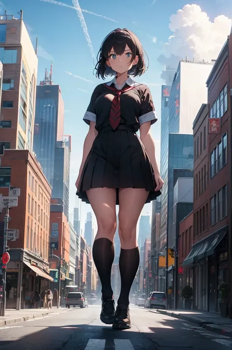 score_9:
A colossal girl, towering above the city, is proudly standing in the heart of it all. Clad in a vibrant, impeccably detailed , she stands out like a beacon amongst the surrounding buildings and roads. The backdrop unfolds into an intricate citysca...