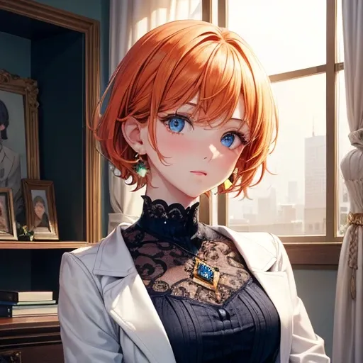 Highest quality, (masterpiece:1.2), figure, Absurd, (One girl, alone), (Beautiful detailed girl), ((Upper Body, Portraiture)),, Neck McMillan, short hair, Orange Hair, blue eyes, Medium chest, blue crystal earrings, White jacket, , nice, Calm, View your vi...