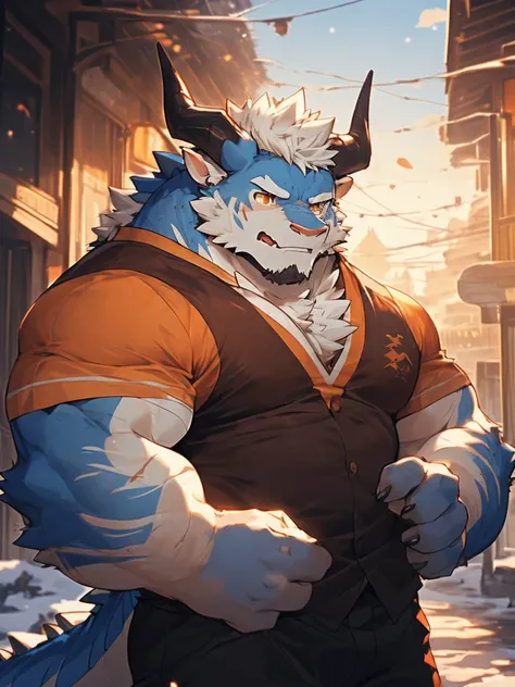 human nature, Wildlife, male,18 years old， solitary, ((Round Face,With dragon horns， The face is plump,Orange eyes,Bright scales，With scars)), ((Endomorph, Handsome，Hot Blood)), (Sportswear，Clothes Damaged), ((domestic 龙, Cologne，) fluffy fur, Fluffy hair)...