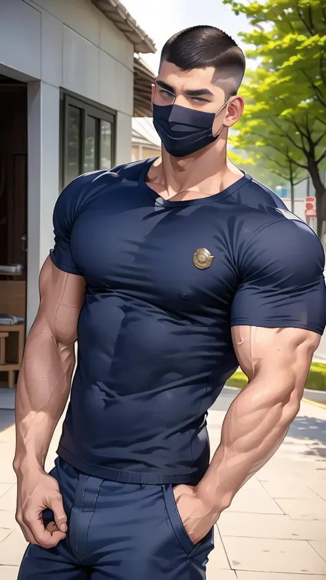 (handsome Man),(crew cut short hair:1.8),black eye,(Wear a fitted round neck t-shirt in navy with a police badge.:1.5),(fit neck),Navy blue jeans,(black_gloves:1.2), Korean guy,chest muscles,large arm muscles,blood vessel,Big muscles,Broad shoulders, (open...