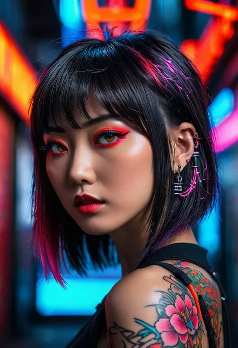 hyper-detailed portrait of a japanese girl, profile, overhead shot, low head, cyberpunk, tattoos, perfect red eyes, direct gaze,...