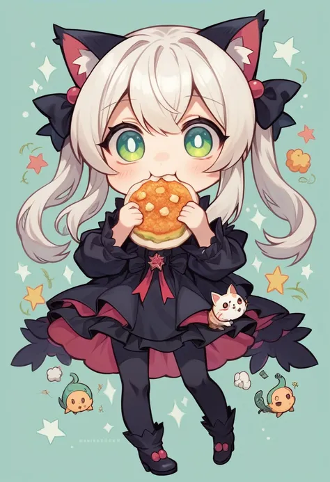 (best quality,4k,highres,ultra-detailed,masterpiece:1.3), black cat, Anime girl, eating fish, stylized, cute kawaii animals, Fine art, chibi caracter,