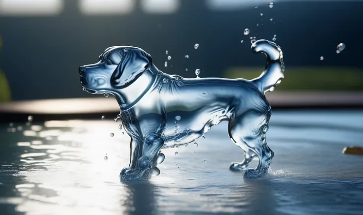 a transparent water elemental dog made of (watercd_xl,wavy,brightness,contortion,abstract) in pool,water eyes,water hairs,water ...