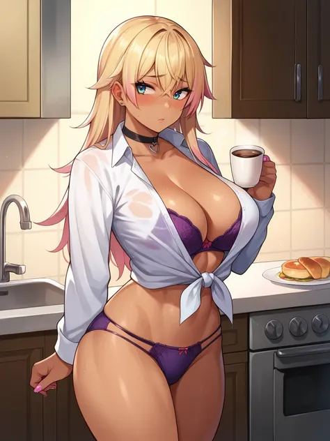 score_9, score_8_up, score_7_up, 1girl, solo, indoors, kitchen, tomboy, shy, blush, gyaru, standing, choker, looking to the side, big breasts, wide hips, medium long hair, bra, panties, wearing open oversized shirt, kitchen, holding a coffee cup in each ha...