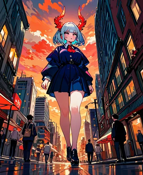 score_9:
A colossal girl, towering above the city, is proudly standing in the heart of it all. Clad in a vibrant, impeccably detailed , she stands out like a beacon amongst the surrounding buildings and roads. The backdrop unfolds into an intricate citysca...