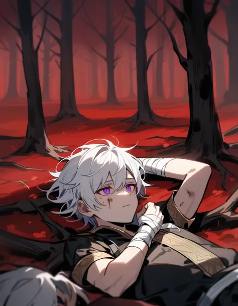 small Greek boy with white hair, violet eyes, with bandaged wrists, lying alone in a red forest with dead trees, with his arms and face bruised and bleeding