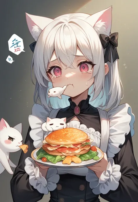 (best quality,4k,highres,ultra-detailed,masterpiece:1.3), black cat, white cat, Anime girl, eating fish, stylized, sad kawaii animals, Fine art, chibi caracter, crying