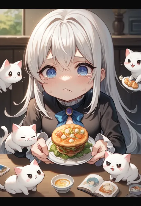 (best quality,4k,highres,ultra-detailed,masterpiece:1.3), black cat, white cat, Anime girl, eating fish, stylized, sad kawaii animals, Fine art, chibi caracter, crying