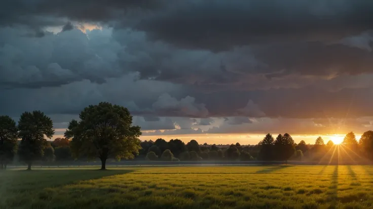 rain and sun, Field, plain, sunset, trees, autumn