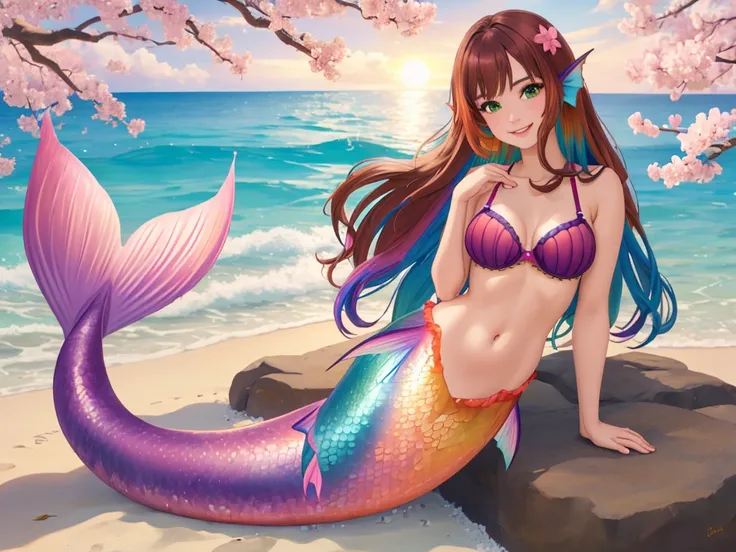 masterpiece, best quality:1.2), 1girl, smile, looking at viewer, green eyes, short brown multicolored hair, mermaid, mermaid girl, wearing purple seashell bra, laying on belly on beach, colorful mermaid tail, outdoors, head fins, fin ears, under cherry blo...