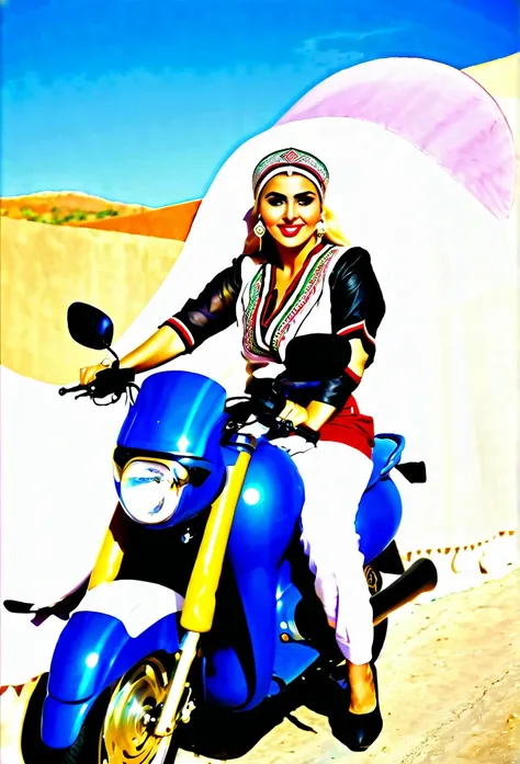 Blonde women in middle of twentys medium size body very beautiful wearing traditional outfit from Algeria , riding motorcycle:5.5