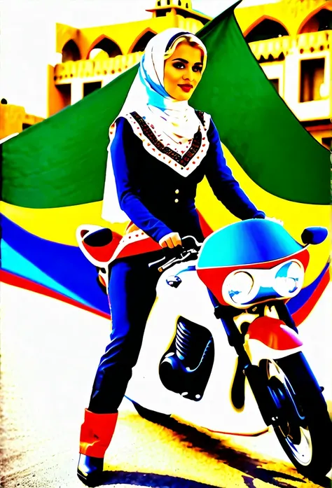 Blonde women in middle of twentys medium size body very beautiful wearing traditional outfit from Algeria , riding motorcycle:5.5