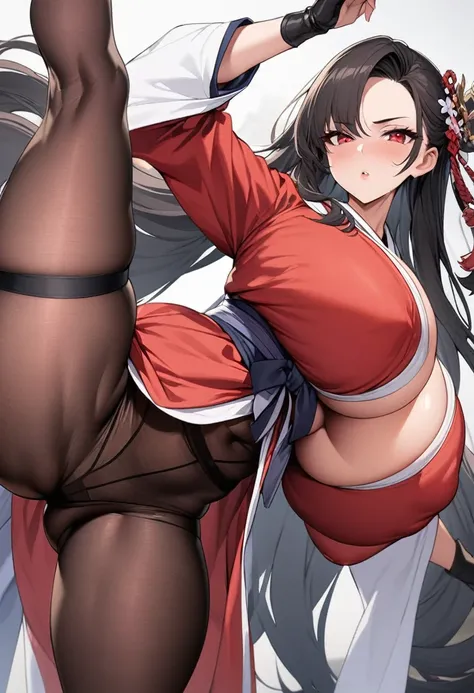 1 handsome woman, whole body, Black long hair, Gorgeous hair accessories, Red Eyes, boots, rad hanfu, martial arts master，Tall, Slender and fleshy thighs，Pantyhose，Thigh straps,huge 、huge breasts，High detail showing chest, Big Ass，Ultra-high resolution, Cl...