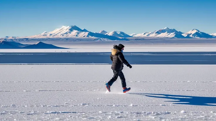 Someone is standing in the snow with their shoes on, In Salar de Uyuni, In Salar de Uyuni, Running to the edge of space, Walking on ice, Walking on an ice planet, Built on the Uyuni Salt Flats, Leather shoes photos, Standing on a rocky ground, Ground dista...