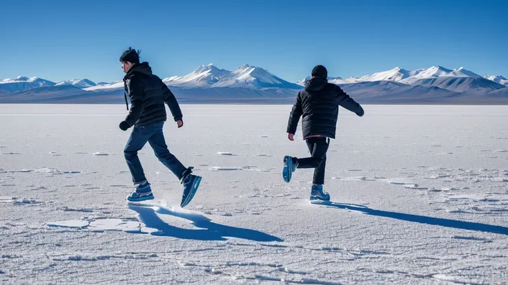 Someone is standing in the snow with their shoes on, In Salar de Uyuni, In Salar de Uyuni, Running to the edge of space, Walking on ice, Walking on an ice planet, Built on the Uyuni Salt Flats, Leather shoes photos, Standing on a rocky ground, Ground dista...