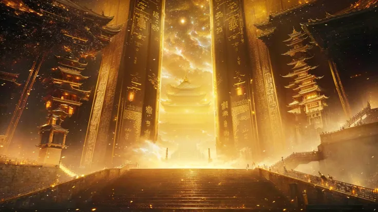 Close-up of stairs leading to a building，Sky in the background, gold gates of heaven!!!!!!!!, tall golden heavenly gates, Cyberpunk Chinese Ancient Castle, Ruina Library concept art, Infinite Celestial Library, Opening, Beautiful rendering of the Tang Dyna...