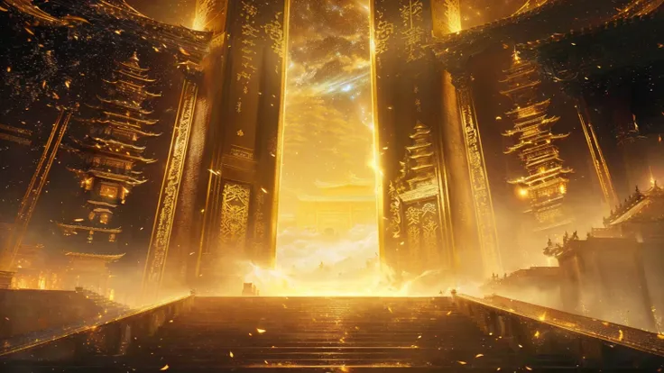 Close-up of stairs leading to a building，Sky in the background, gold gates of heaven!!!!!!!!, tall golden heavenly gates, Cyberpunk Chinese Ancient Castle, Ruina Library concept art, Infinite Celestial Library, Opening, Beautiful rendering of the Tang Dyna...