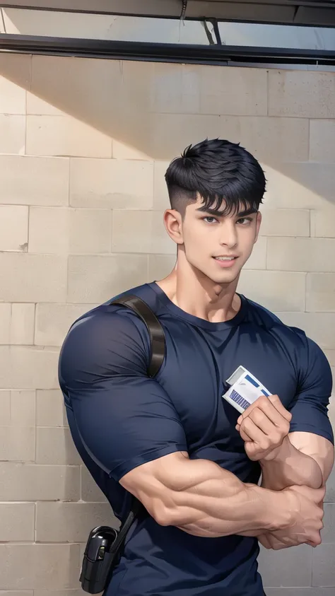 (handsome Man),(crew cut short hair:1.8),black eye,(Wear a fitted round neck t-shirt in navy with a police badge.:1.5),(fit neck),Navy blue jeans,(black_gloves:1.2), Korean guy,chest muscles,large arm muscles,blood vessel,Big muscles,Broad shoulders, (open...