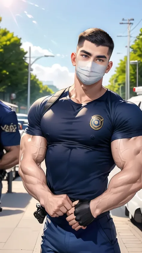 (handsome Man),(crew cut short hair:1.8),black eye,(Wear a fitted round neck t-shirt in navy with a police badge.:1.5),(fit neck),Navy blue jeans,(black_gloves:1.2), Korean guy,chest muscles,large arm muscles,blood vessel,Big muscles,Broad shoulders, (open...