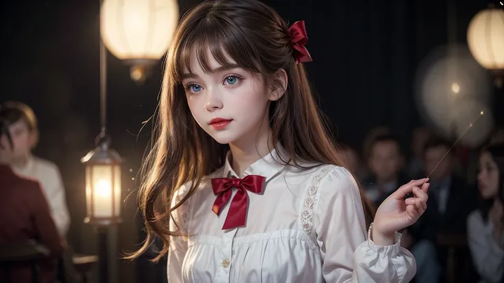 (extremely delicate and beautiful: 1.2), 1 girl, hits, Blue eyes, blur, blur background, bow, Brown hair, Shut up, side view, hair between the eyes, hair bow, lantern, light particles, long sleeves, look looking at the audience, medium hair, evening, red b...