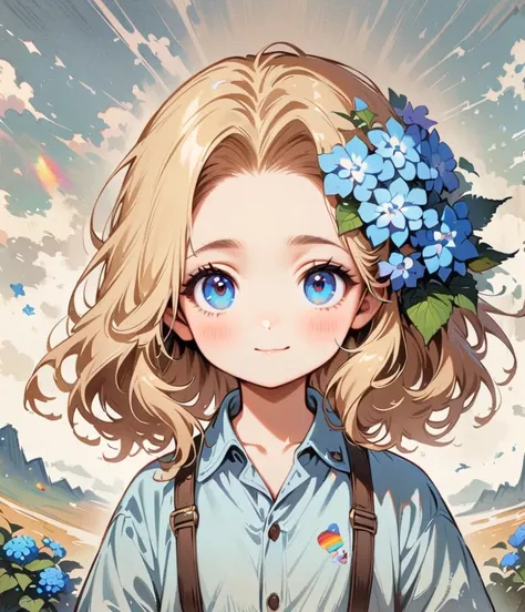 cool face boy、Strong Face、Blonde Short、 A rainbow appears。Hydrangea(masterpiece, Highest quality:1.2), Cartoon style character design， alone，Eyes with raised corners of the eyes，Light blue shirt，