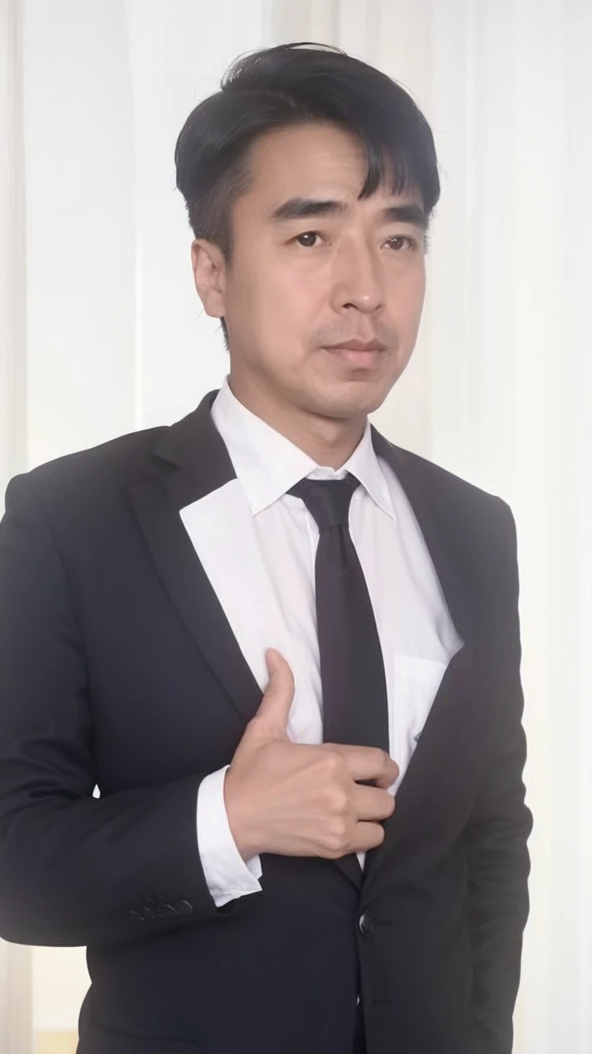 40-year-old male， Soft headlight，High-density imaging，（Clean and delicate face），（Thin face）((Black suit))，((Various dynamic poses))，((White curtains in the background))，best quality，masterpiece，（Soft colors：1.2）