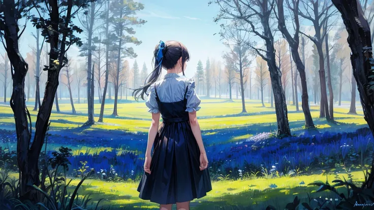 girl turning her back to the camera, blue atmosphere, Field, trees