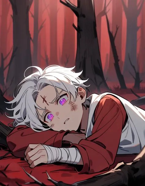 little Greek boy with white hair, violet eyes, with bandaged wrists, lying alone in a red forest with dead trees, with his face bruised and his forehead bleeding profusely