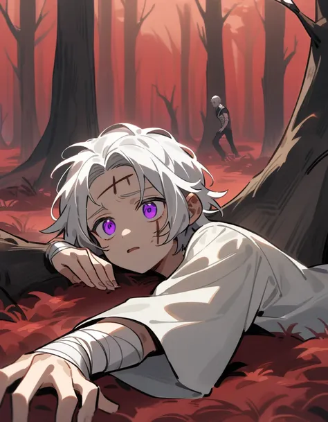 little Greek boy with white hair, violet eyes, with bandaged wrists, lying alone in a red forest with dead trees, with his face bruised and his forehead bleeding profusely