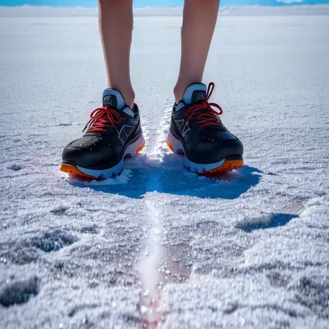 Someone is standing in the snow with their shoes on, In Salar de Uyuni, In Salar de Uyuni, Running to the edge of space, Walking on ice, Walking on an ice planet, Built on the Uyuni Salt Flats, Leather shoes photos, Standing on a rocky ground, Ground dista...