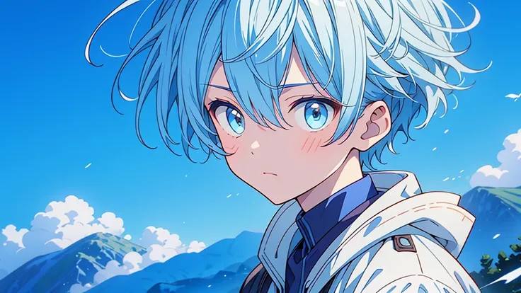 1boy、Highest quality、Masterpiece、Official Art、Dynamic composition、Handsome young boy、A mixture of light blue and white hair、Im very surprised、