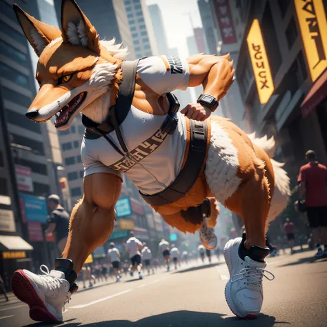 photorealistic 3d detailed character, jogging pose, fox-like anthropomorphic, eccentric sneakers, hyperrealistic, cinematic lighting, highly detailed, intricate textures, dynamic motion blur, 4k, hyper detailed