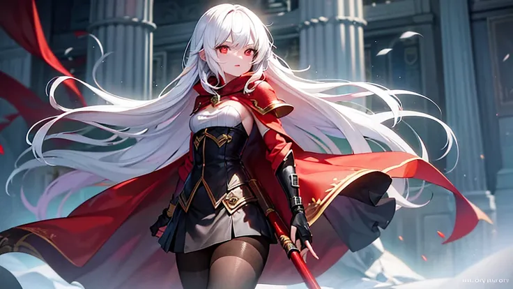 little Red Riding Hood，Fantasy World，White hair，Sexy body，tall，slim，Wearing tights，Red and gold eyes，With a musket in his hand，Wearing black，Hair with red highlights，Wearing leather armor，Metal arm armor，Wears a red hood，Wear a shawl，The shawl is very shor...