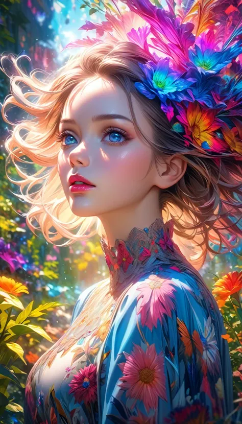 a girl in a garden, wearing a dress, beautiful detailed eyes, beautiful detailed lips, extremely detailed face, long eyelashes, surreal, abstract, psychedelic, vibrant colors, dream-like, ethereal, (best quality,4k,8k,highres,masterpiece:1.2),ultra-detaile...