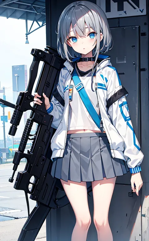 Loli，Dark gray hair，Blue Eyes，White jacket and grey short sleeves，Blue skirt for lower body，Technology，flat chest，Holding a gun，Airplane anthropomorphism，whole body。