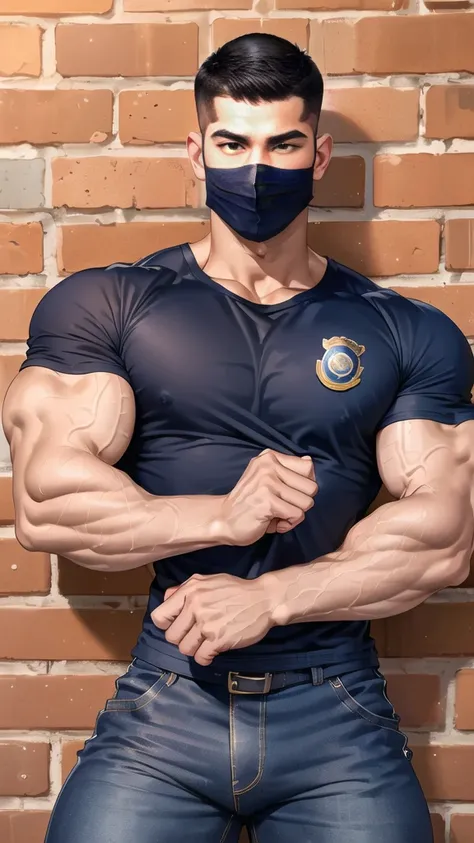 (handsome Man),(crew cut short hair:1.8),black eye,(Wear a fitted round neck t-shirt in navy with a police badge.:1.5),(fit neck),Navy blue jeans,(black_gloves:1.2), Korean guy,chest muscles,large arm muscles,blood vessel,Big muscles,Broad shoulders, (open...