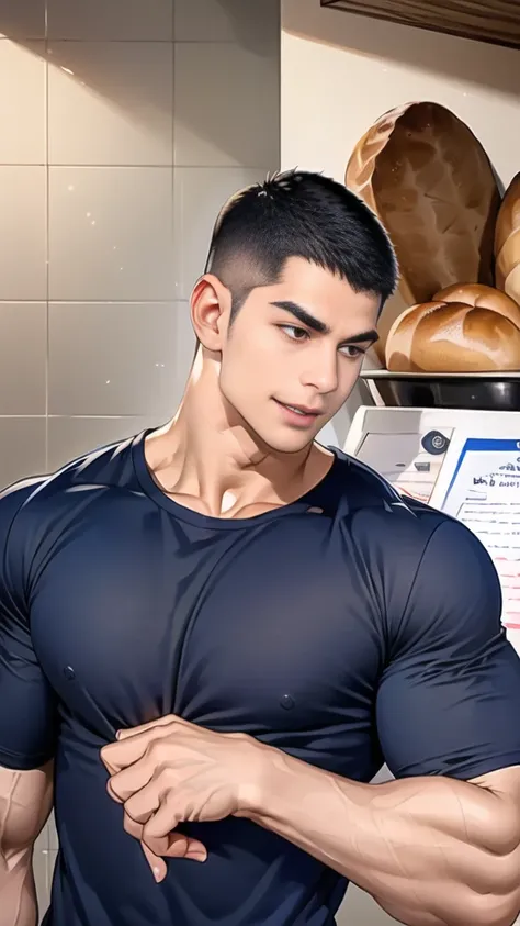 (handsome Man),(crew cut short hair:1.8),black eye,(Wear a fitted round neck t-shirt in navy with a police badge.:1.5),(fit neck),Navy blue jeans,(black_gloves:1.2), Korean guy,chest muscles,large arm muscles,blood vessel,Big muscles,Broad shoulders, (open...