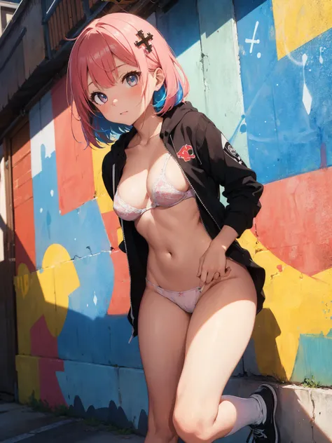 full body, nsfw, masterpiece, high quality, highres, absurdres, ultra-detailed, 8k, 1girl, Pastel colors hair, multicolored hair, gradient hair, looking at viewer, colorful eyes, (no panties), (ultra-small panties), (bra), (colorful hoodie), Well-endowed, ...