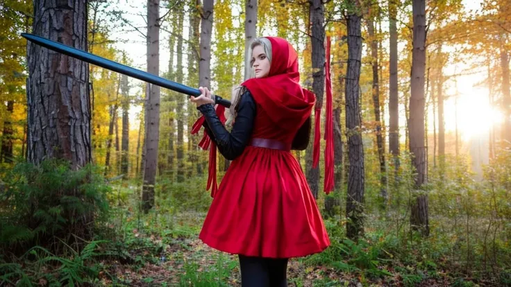 little Red Riding Hood，Fantasy World，White hair，Sexy body，tall，slim，Wearing tights，Red and gold eyes，With a musket in his hand，Wearing black，Hair with red highlights，Wearing leather armor，Metal arm armor，Wears a red hood，Wear a shawl，The shawl is very shor...