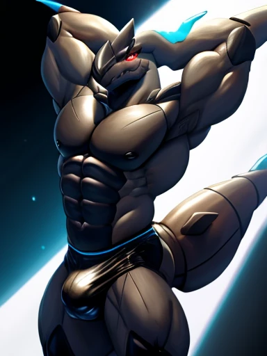 , Zekrom, muscular, massive pecs, , dominant, high angle, erect black bulge, hands behind his head ,glowing red eyes