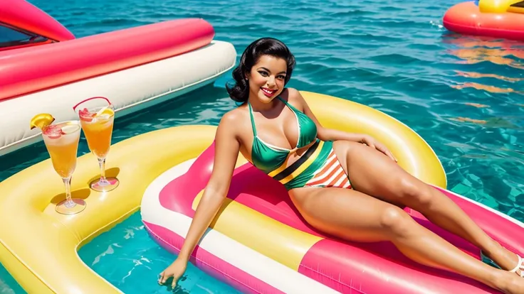 35mm film photography, Joyful, smiling black hair 1 woman pinup beautifully posing smiling lying on an inflatable flamingo against the backdrop of a yacht in the water clear weather summer sky sunny day glare in hands holding a glass of cocktail retro pinu...