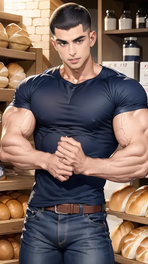 (handsome Man),(crew cut short hair:1.8),black eye,(Wear a fitted round neck t-shirt in navy with a police badge.:1.5),(fit neck),Navy blue jeans,(black_gloves:1.2), Korean guy,chest muscles,large arm muscles,blood vessel,Big muscles,Broad shoulders, (open...